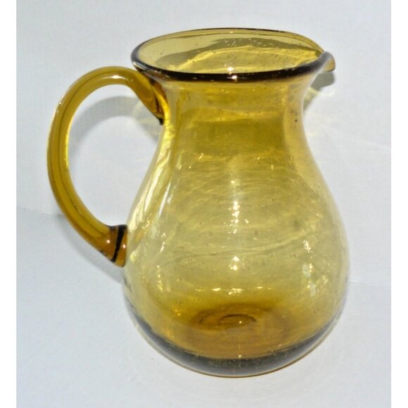 Rare Blenko Style MCM Art Glass Crackled Amber Pitcher Jug Applied Handle Vintag - Picture 2 of 7